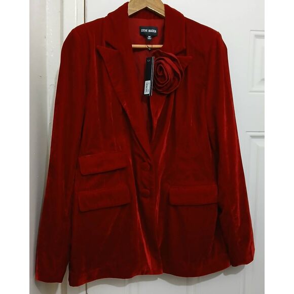 Steve Madden womens medium red velvet merene blazer jacket rose Applique - Picture 1 of 9